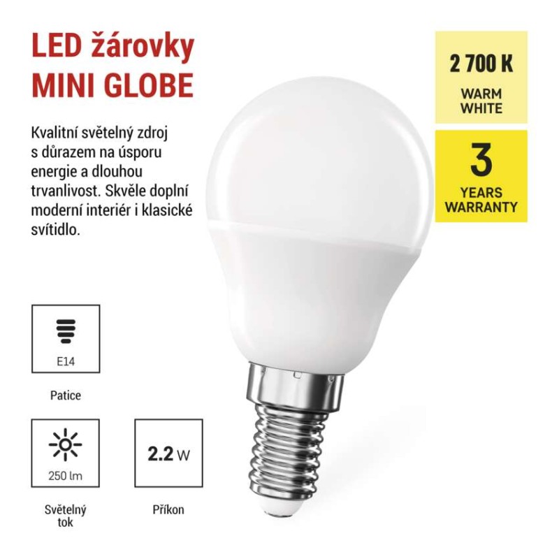LED žárovka CLS Mini Globe / E14 / 2,2 W (25 W) / 250 lm / teplá bílá