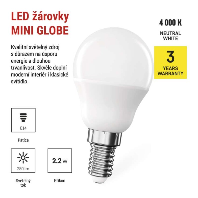 LED žárovka CLS Mini Globe / E14 / 2,2 W (25 W) / 250 lm / neurtální bílá