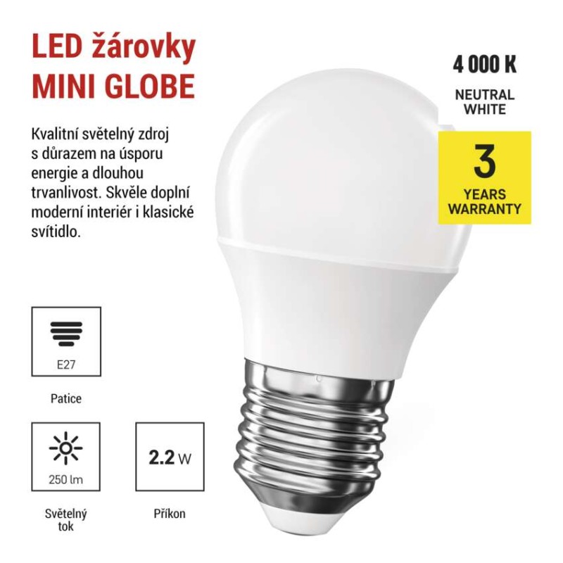 LED žárovka CLS Mini Globe / E27 / 2,2 W (25 W) / 250 lm / neutrální bílá