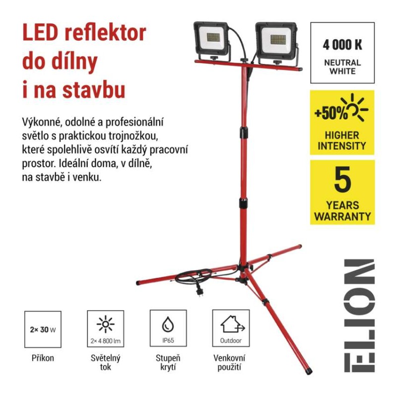 LED reflektor ELION, 2×30W + trojnožka, červený, neutrální bílá