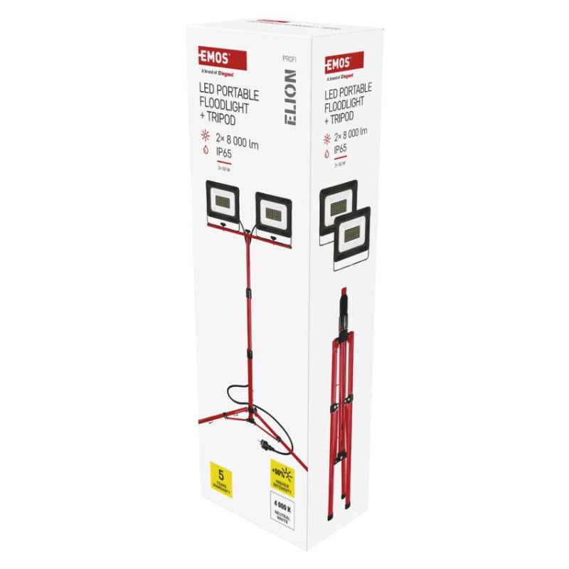 LED reflektor ELION, 2×50W + trojnožka, červený, neutrální bílá