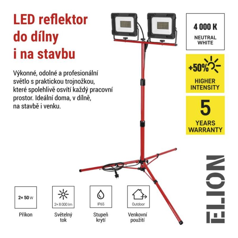 LED reflektor ELION, 2×50W + trojnožka, červený, neutrální bílá