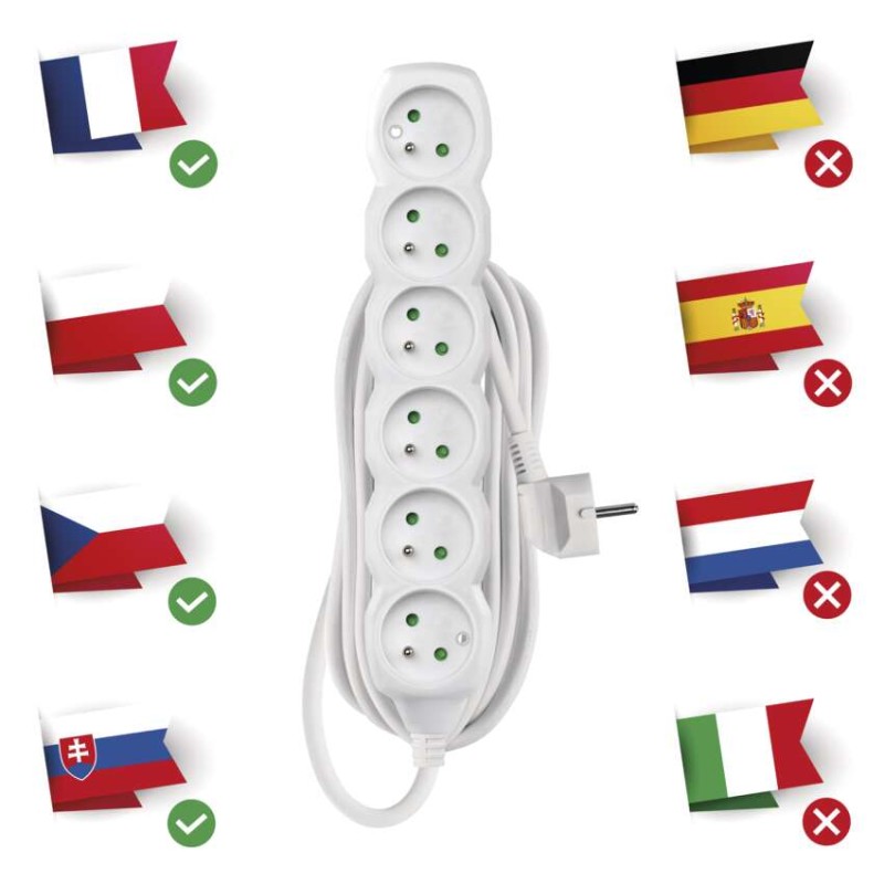 Prodlužovací kabel 5 m / 6 zásuvek / bílý / PVC / 1,5 mm2