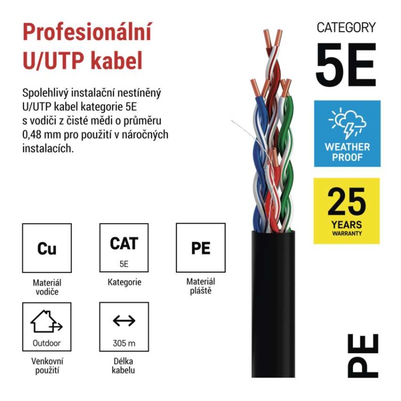 Datový kabel UTP 5E, outdoor, 305m