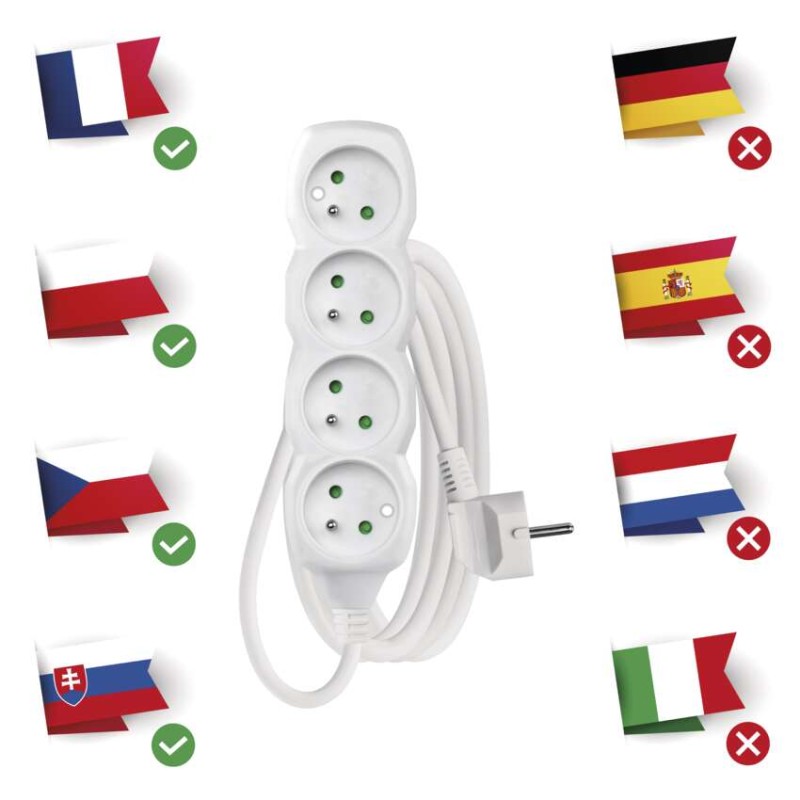 Prodlužovací kabel 3 m / 4 zásuvky / bílý / PVC / 1,5 mm2