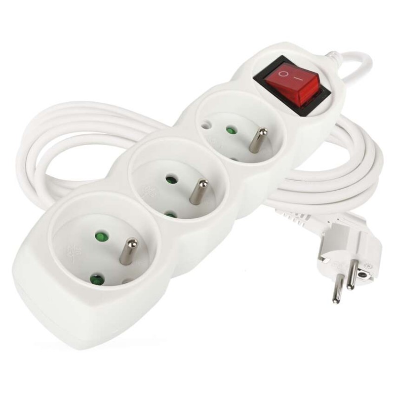 Prodlužovací kabel 3 m / 3 zásuvky / s vypínačem / bílý / PVC / 1,5 mm2