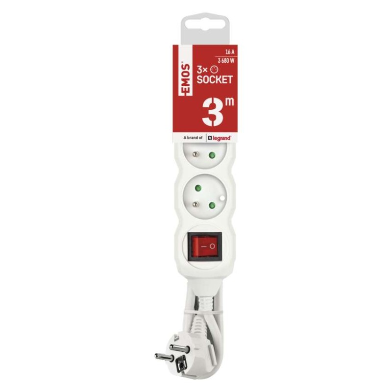 Prodlužovací kabel 3 m / 3 zásuvky / s vypínačem / bílý / PVC / 1,5 mm2