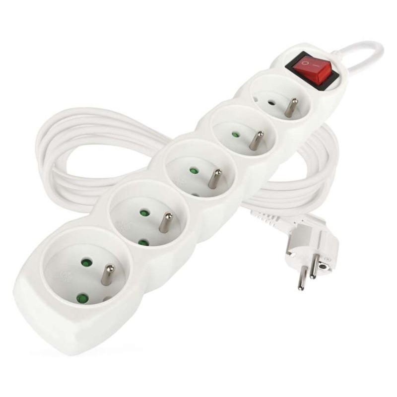 Prodlužovací kabel 5 m / 5 zásuvek / s vypínačem / bílý / PVC / 1 mm2
