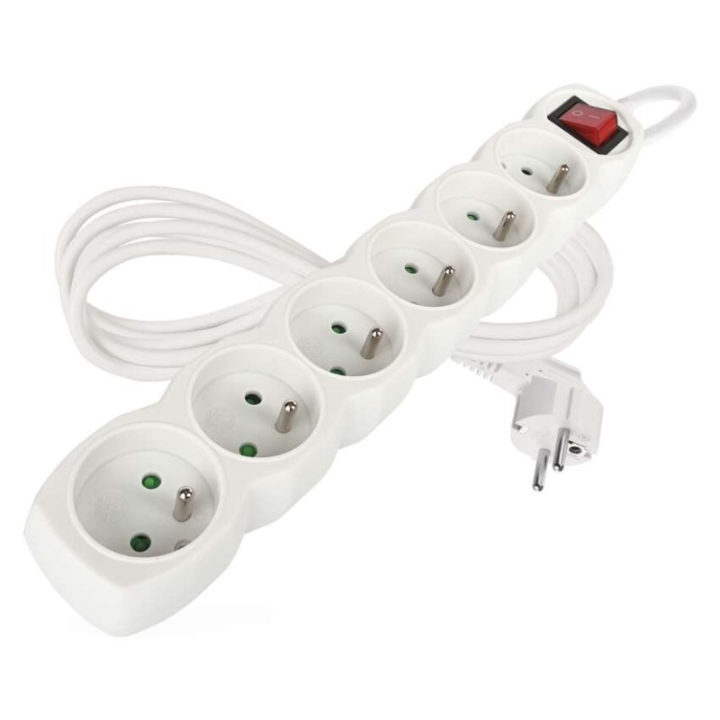 Prodlužovací kabel 2 m / 6 zásuvek / s vypínačem / bílý / PVC / 1 mm2