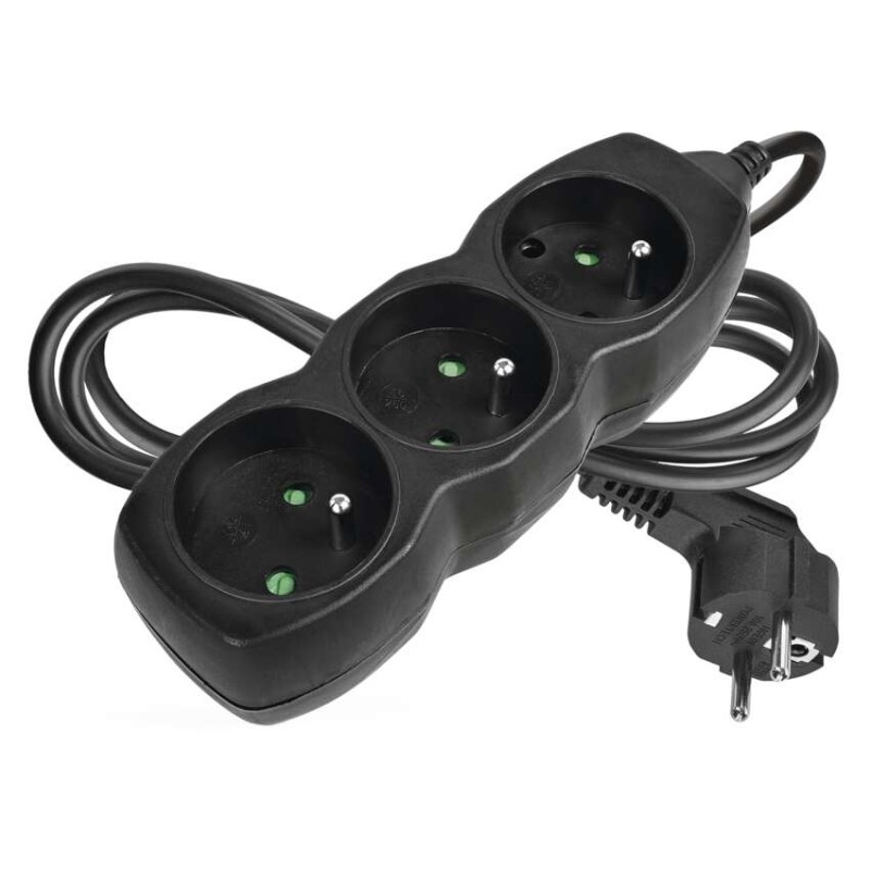 Prodlužovací kabel 1,5 m / 3 zásuvky / černý / PVC / 1 mm2