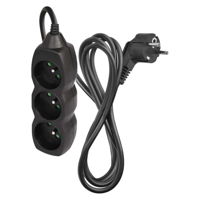 Prodlužovací kabel 2 m / 3 zásuvky / černý / PVC / 1 mm2