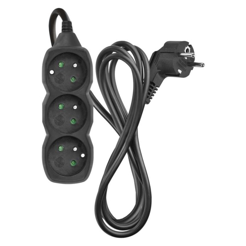 Prodlužovací kabel 2 m / 3 zásuvky / černý / PVC / 1 mm2