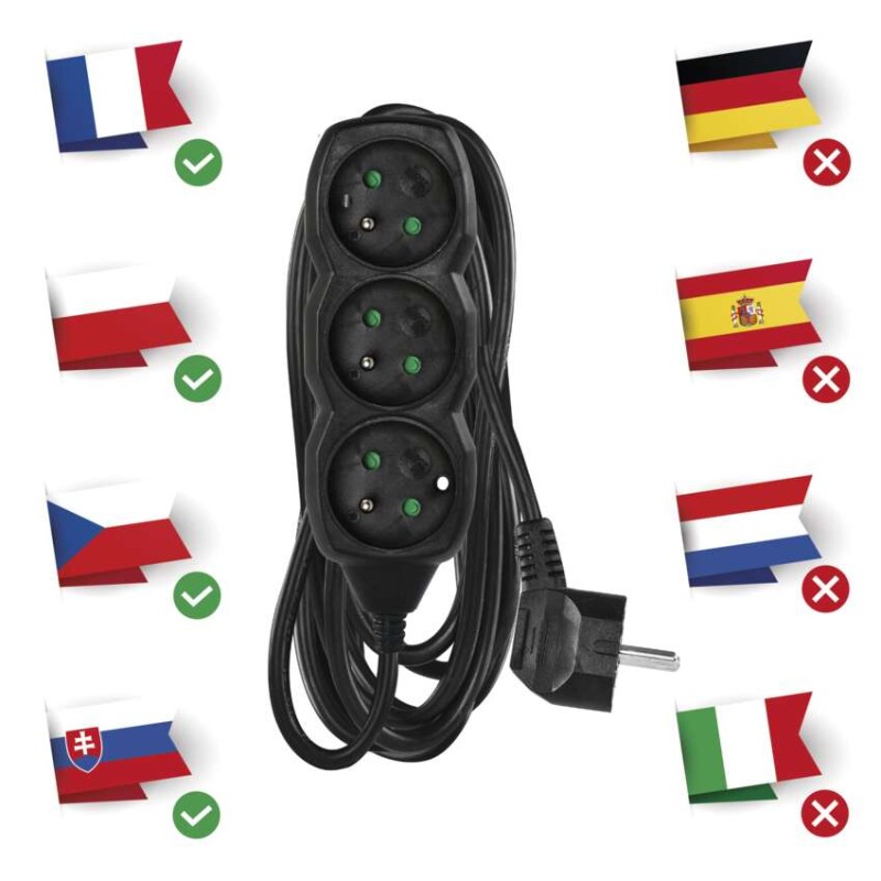 Prodlužovací kabel 5 m / 3 zásuvky / černý / PVC / 1 mm2