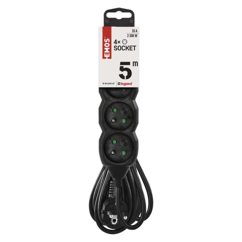 Prodlužovací kabel 5 m / 4 zásuvky / černý / PVC / 1 mm2