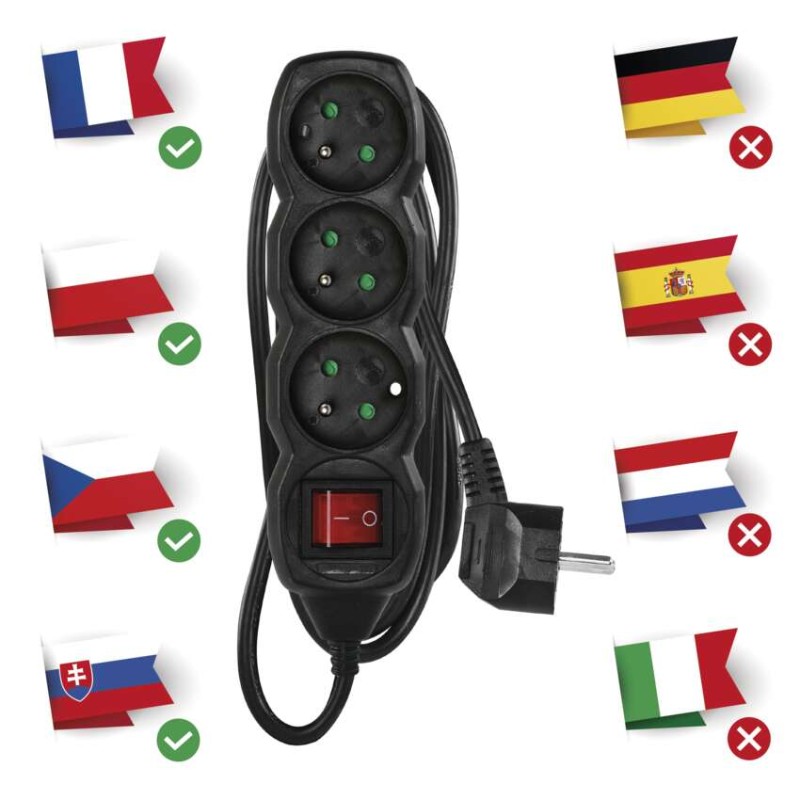 Prodlužovací kabel 1,5 m / 3 zásuvky / s vypínačem / černý / PVC / 1 mm2