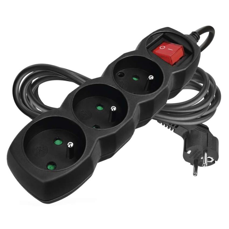 Prodlužovací kabel 3 m / 3 zásuvky / s vypínačem / černý / PVC / 1 mm2
