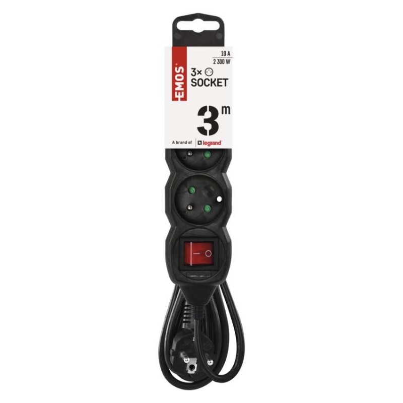 Prodlužovací kabel 3 m / 3 zásuvky / s vypínačem / černý / PVC / 1 mm2