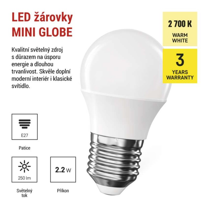 LED žárovka CLS Mini Globe / E27 / 2,2 W (25 W) / 250 lm / teplá bílá