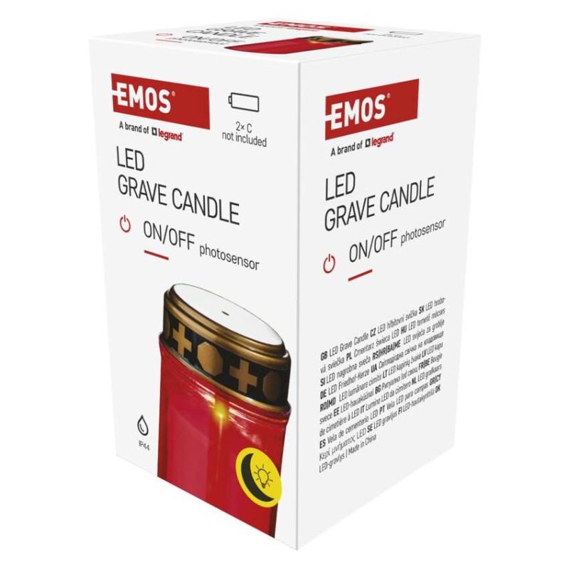 LED hřbitovní svíčka červená, 2x C, venkovní i vnitřní, teplá bílá, senzor