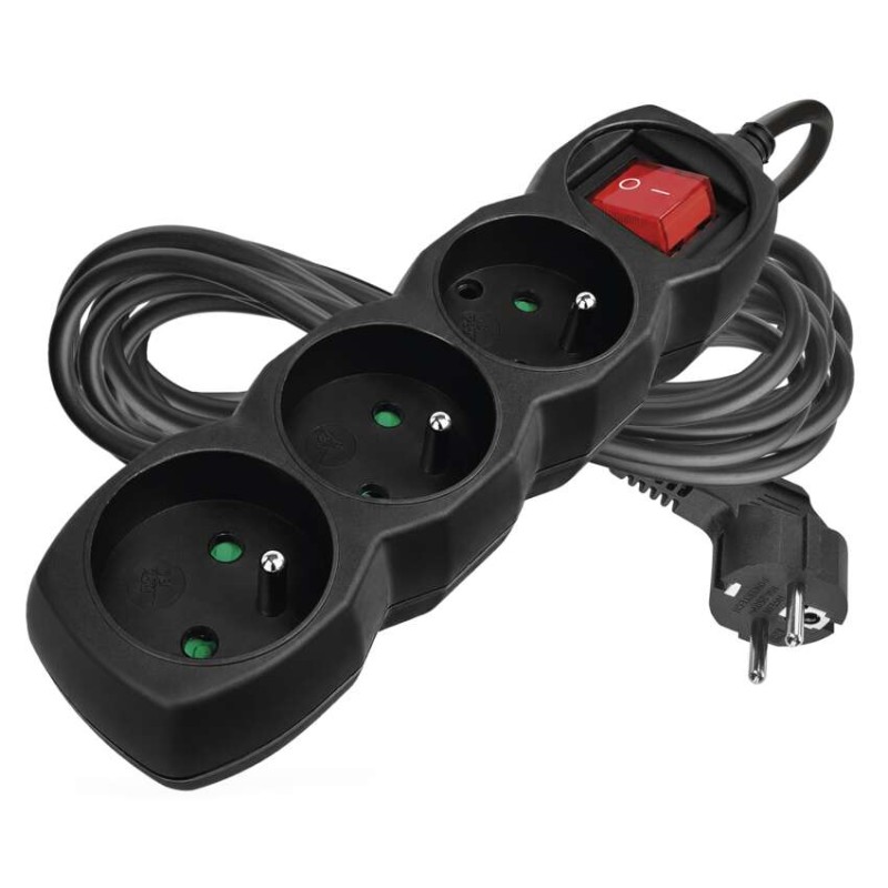 Prodlužovací kabel 5 m / 3 zásuvky / s vypínačem / černý / PVC / 1 mm2