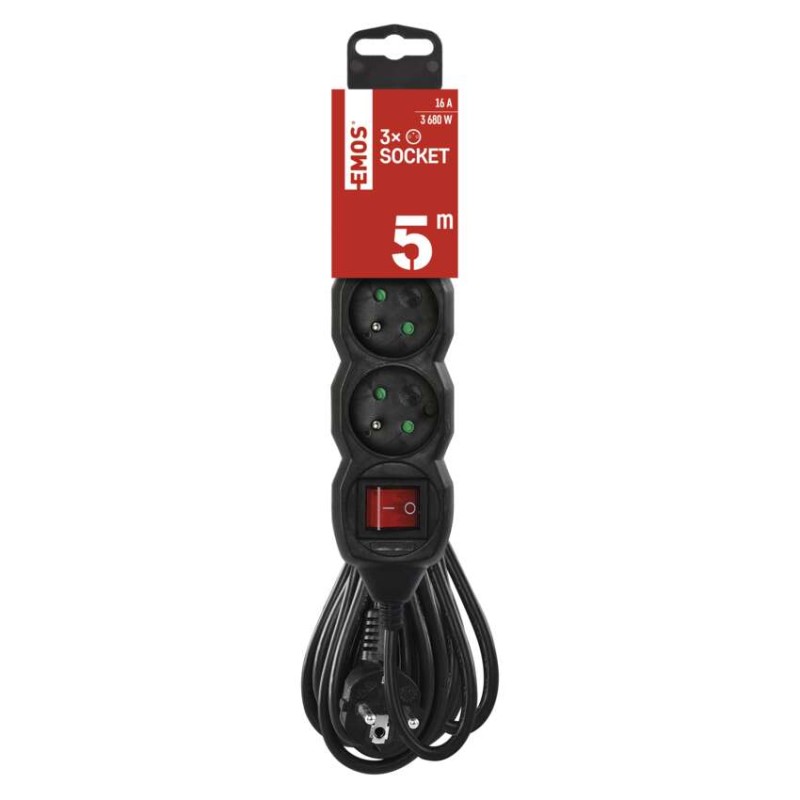 Prodlužovací kabel 5 m / 3 zásuvky / s vypínačem / černý / PVC / 1,5 mm2