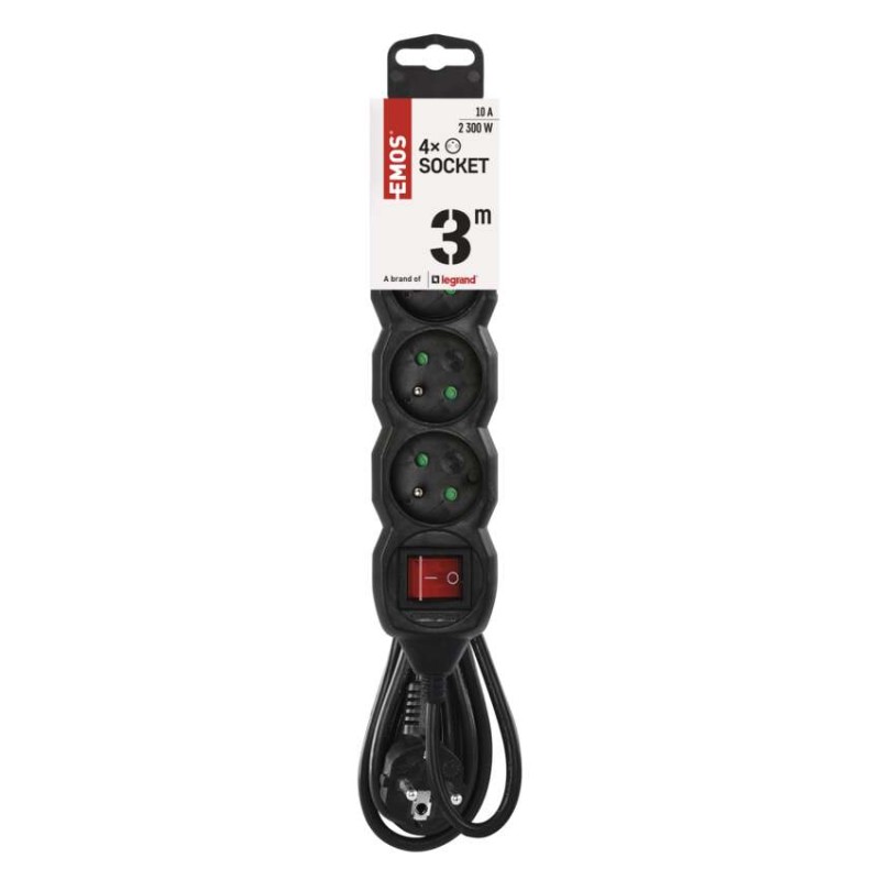 Prodlužovací kabel 3 m / 4 zásuvky / s vypínačem / černý / PVC / 1 mm2