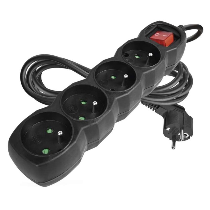 Prodlužovací kabel 3 m / 4 zásuvky / s vypínačem / černý / PVC / 1,5 mm2