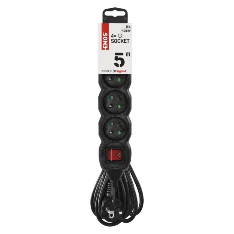 Prodlužovací kabel 5 m / 4 zásuvky / s vypínačem / černý / PVC / 1 mm2