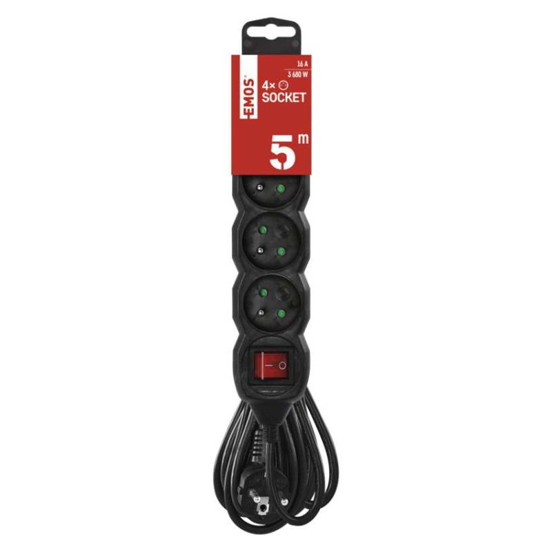 Prodlužovací kabel 5 m / 4 zásuvky / s vypínačem / černý / PVC / 1,5 mm2