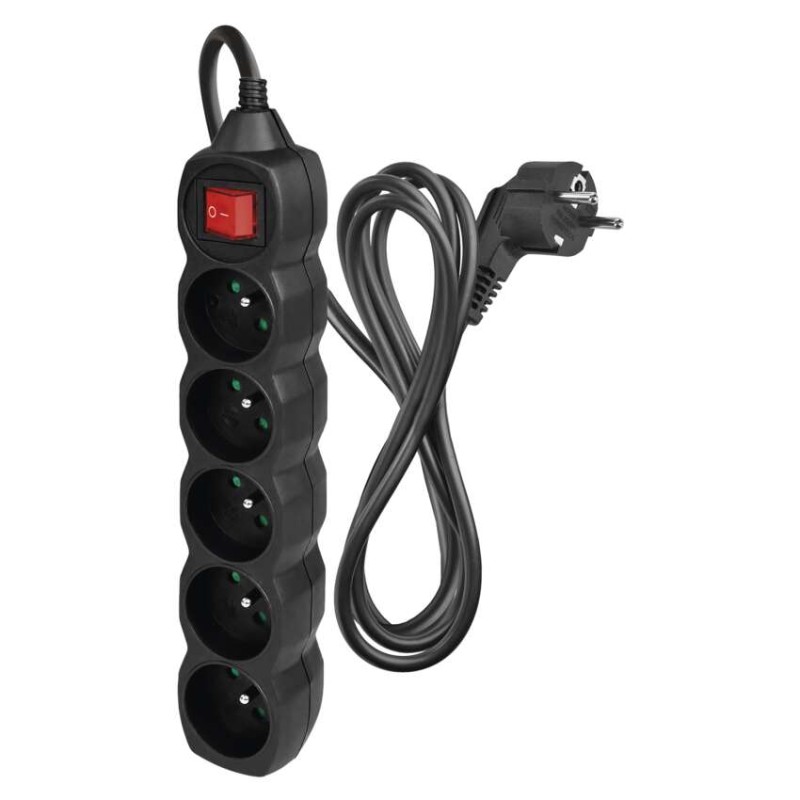 Prodlužovací kabel 2 m / 5 zásuvek / s vypínačem / černý / PVC / 1 mm2