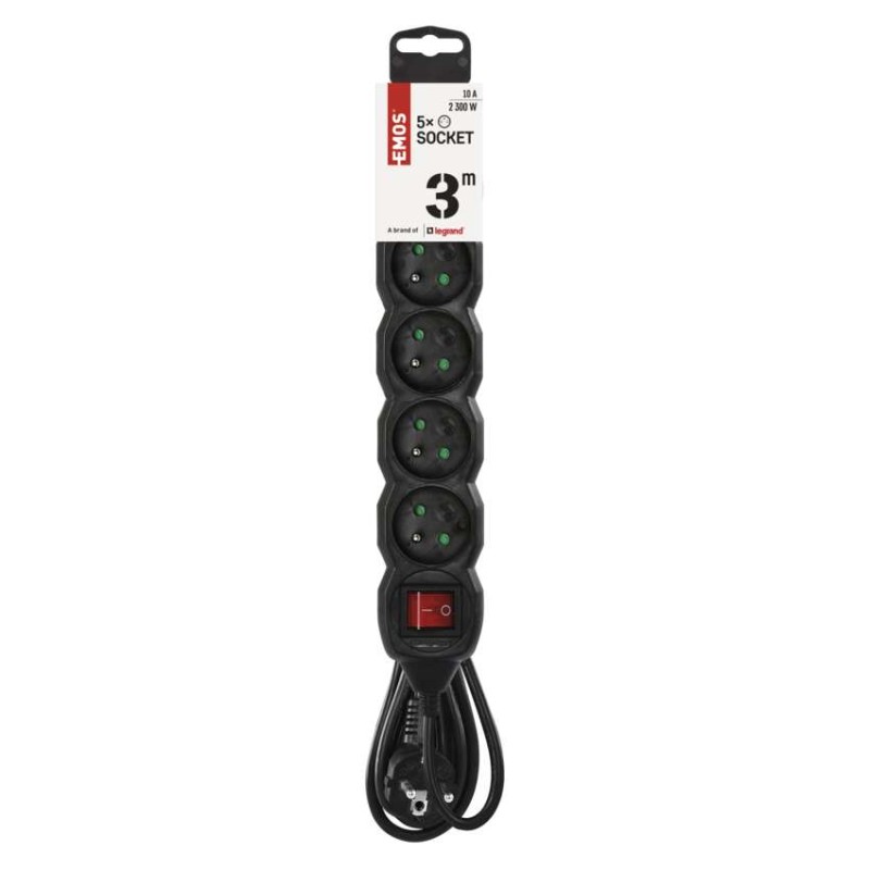 Prodlužovací kabel 3 m / 5 zásuvek / s vypínačem / černý / PVC / 1 mm2