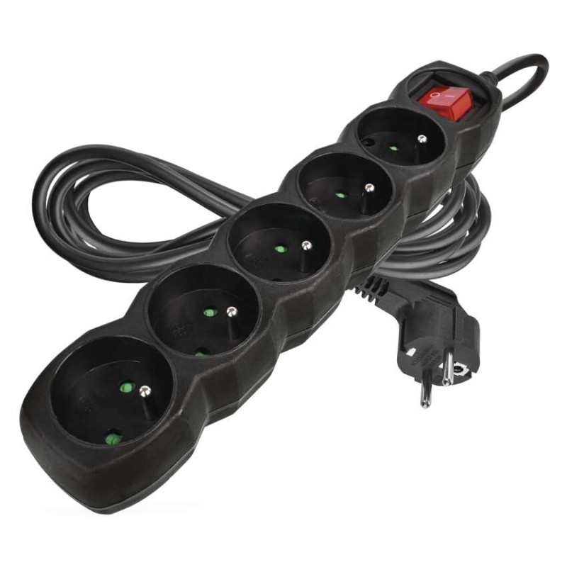 Prodlužovací kabel 3 m / 5 zásuvek / s vypínačem / černý / PVC / 1,5 mm2