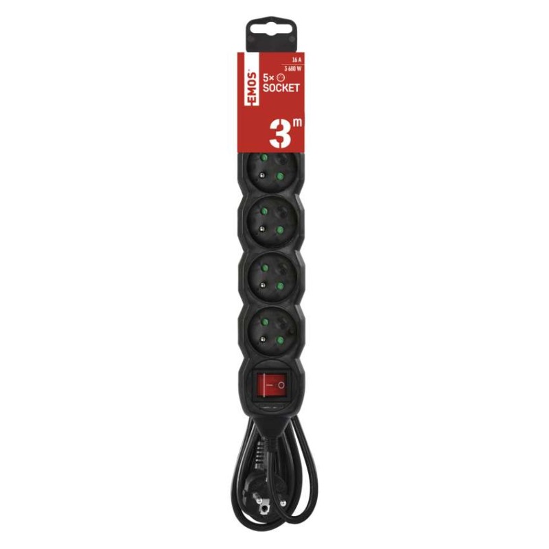 Prodlužovací kabel 3 m / 5 zásuvek / s vypínačem / černý / PVC / 1,5 mm2