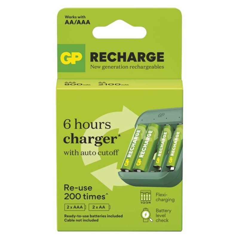 Nabíječka baterií B423 + 2× AA GP Recharge 2100 mAh + 2× AAA GP Recharge 800 mAh
