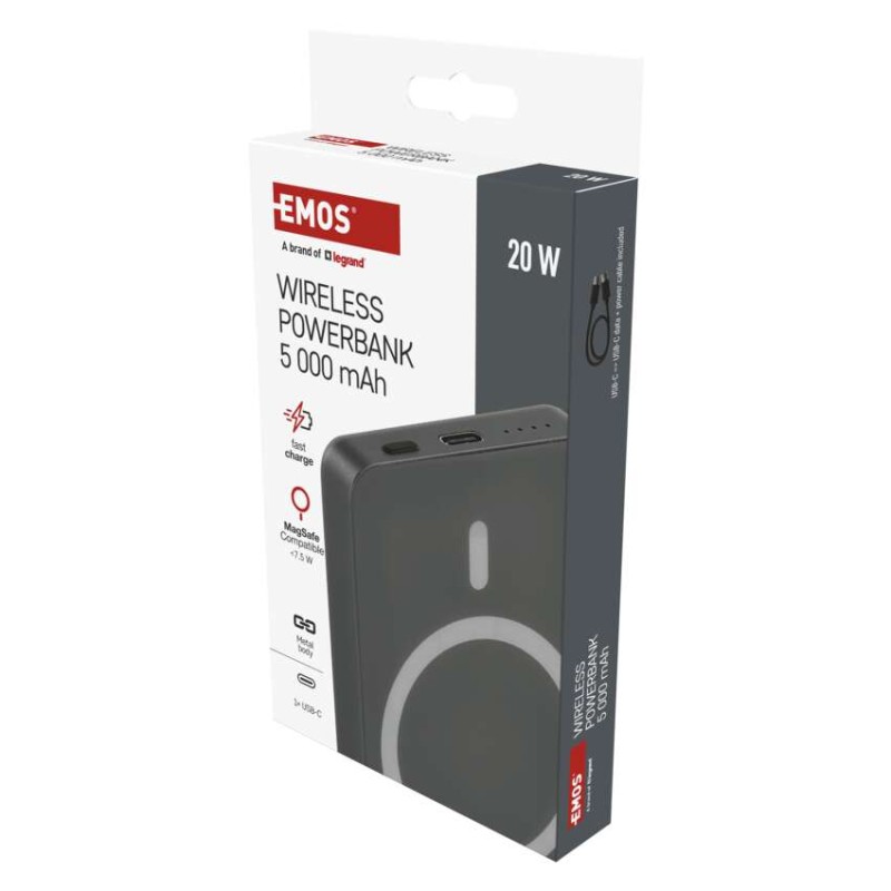 Powerbanka EMOS WI 522, 5 000 mAh, 20 W+Wireless, šedá