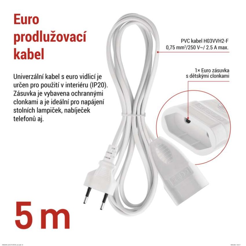 Dvoužilový pohyblivý přívod 5 m / 1 zásuvka / bílý / PVC / 0,75 mm2