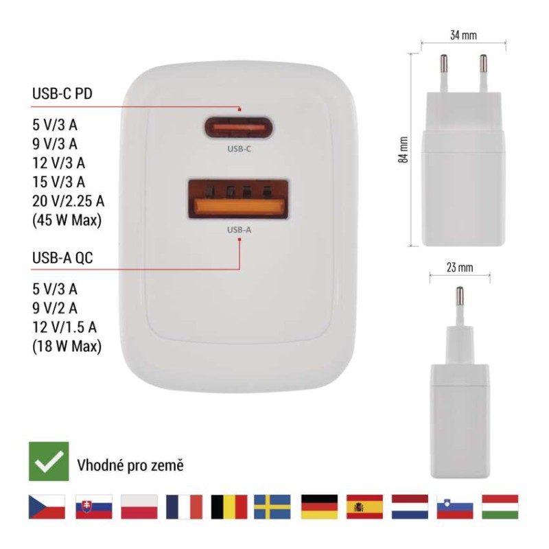 Univerzální USB adaptér GaN do sítě PD 45 W max.