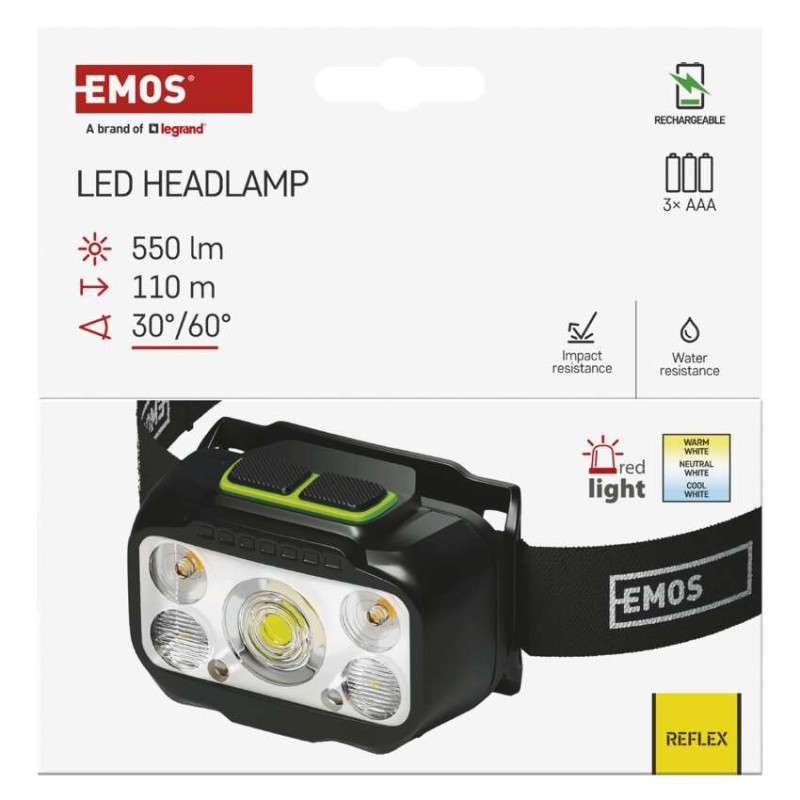 LED nabíjecí čelovka P3546, 550 lm, 110 m, Li-Pol 1000 mAh / 3× AAA