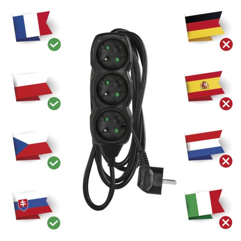 Prodlužovací kabel 3 m / 3 zásuvky / černý / PVC / 1 mm2