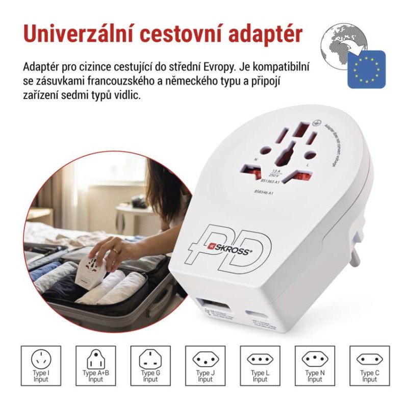 Cestovní univerzální adaptér pro cizince do střední Evropy, 1×USB-C, 1×USB-A