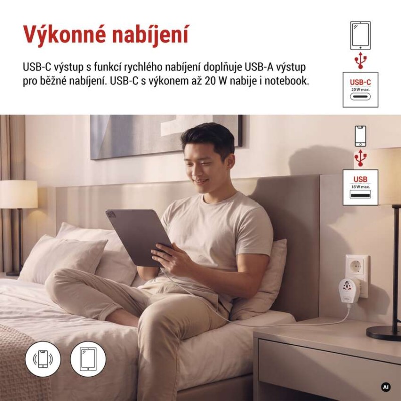 Cestovní univerzální adaptér pro cizince do střední Evropy, 1×USB-C, 1×USB-A