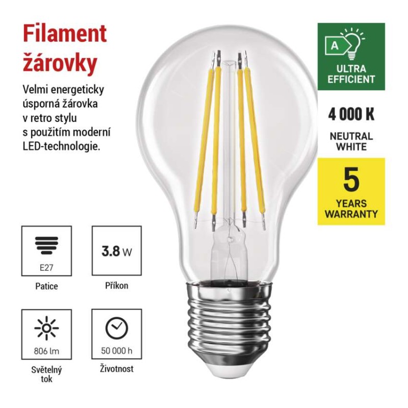 LED žárovka Filament A60 / E27 / 3,8 W (60 W) / 806 lm / neutrální bílá