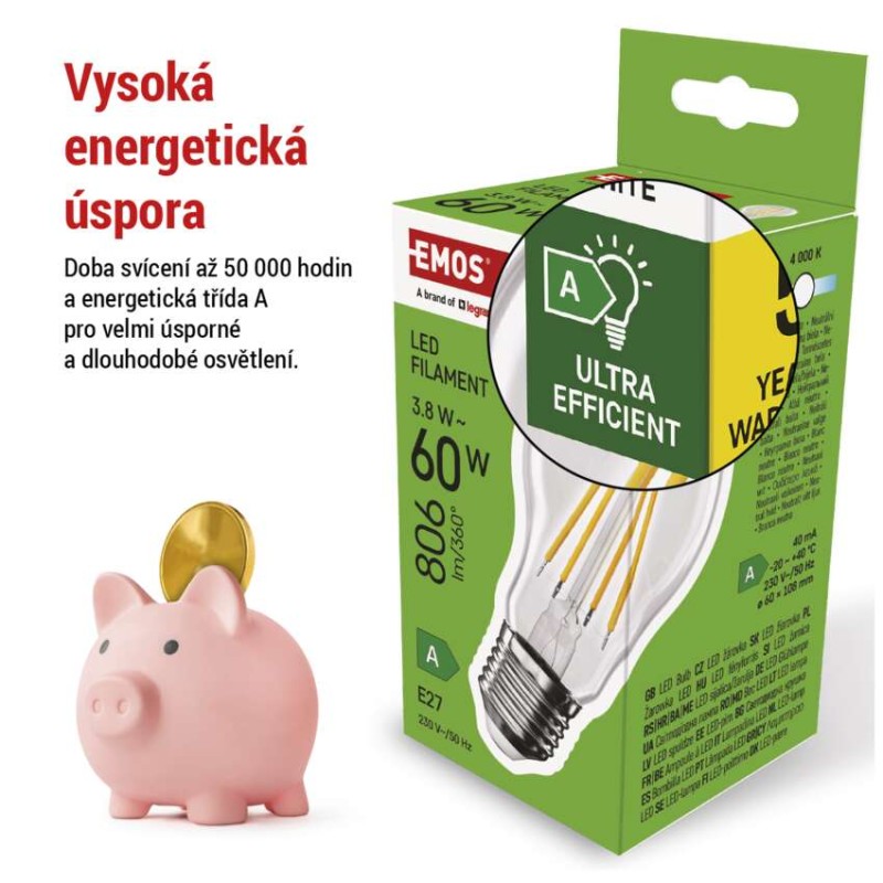 LED žárovka Filament A60 / E27 / 3,8 W (60 W) / 806 lm / neutrální bílá
