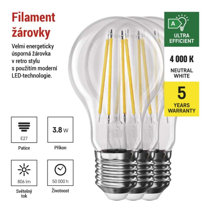 LED žárovka Filament A60 / E27 / 3,8 W (60 W) / 806 lm / neutrální bílá