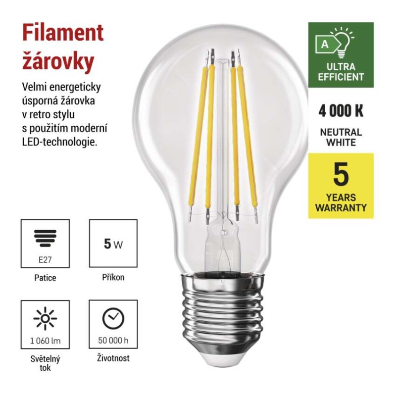 LED žárovka Filament A60 / E27 / 5 W (75 W) / 1 060 lm / neutrální bílá