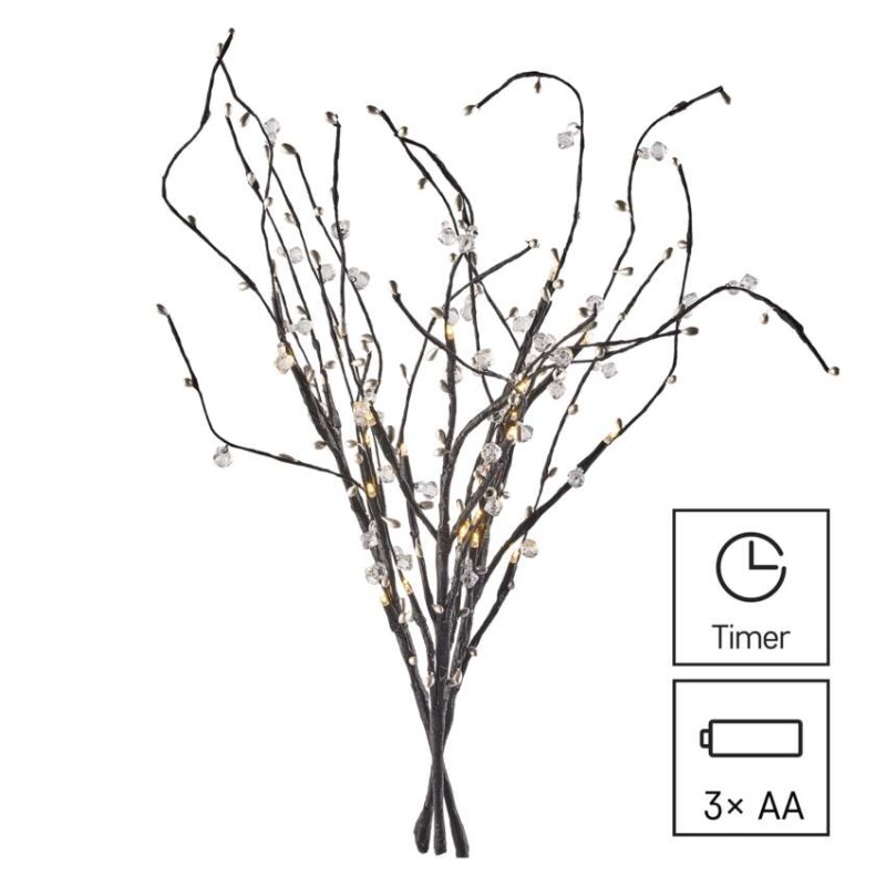 LED větvička s perlami, 60 cm, 3x AA, vnitřní, teplá bílá, časovač
