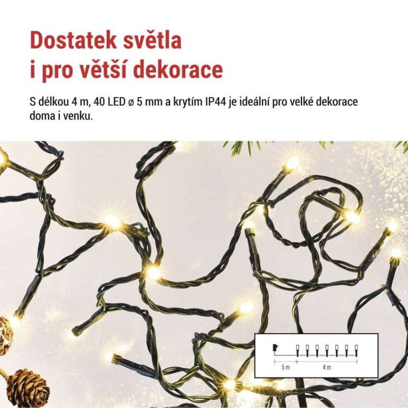 LED vánoční řetěz, 4 m, venkovní i vnitřní, teplá bílá, programy, časovač
