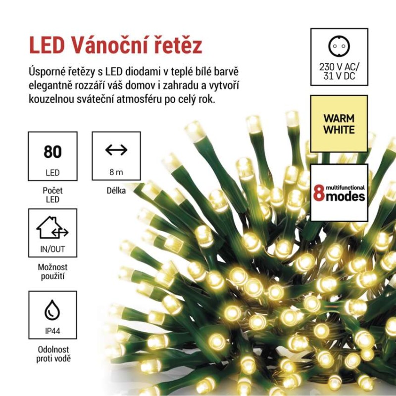 LED vánoční řetěz, 8 m, venkovní i vnitřní, teplá bílá, programy, časovač