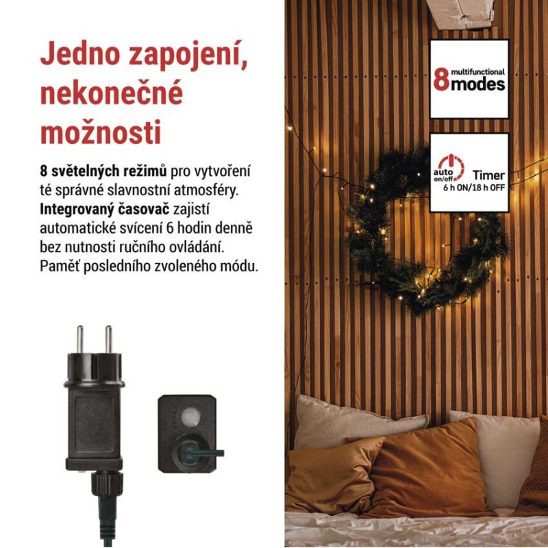 LED vánoční řetěz, 12 m, venkovní i vnitřní, teplá bílá, programy, časovač