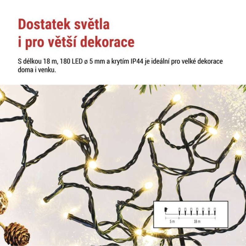 LED vánoční řetěz, 18 m, venkovní i vnitřní, teplá bílá, programy, časovač